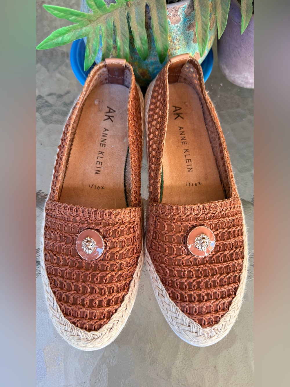 Anne Klein Brown Crochet Espadrille Flats with Rhinestone Button. Size 7.5